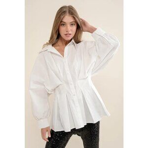 Women’s White Button-Down Peplum Top – Pleated Waist, Puff Sleeves